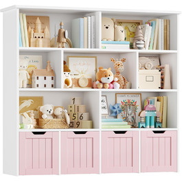 Дитяча полиця FOREHILL з коробками на колесах, 4 яруси, меблі для дитячої кімнати, іграшковий та книжковий стеллаж, рожевий, 125.5x33x118 см