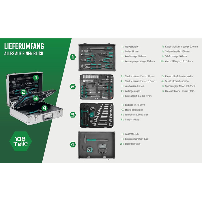 Набір інструментів Brüder Mannesmann 108 предметів в алюмінієвому кейсі: викрутки, плоскогубці, біти, головки, молоток. Сталь Cr-V