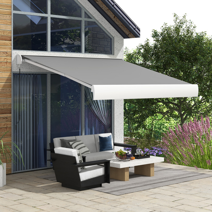 Тент Outsunny Folding Arm 3м Електричний тент з ручним рукояткою та дистанційним керуванням, балконний тент Алюмінієвий захист від сонця світло-сірого кольору