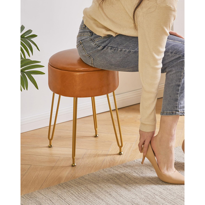 Пуф-табуретка з велюру круглої форми, золоті ніжки, для макіяжу та відпочинку, L/G-30P (з ящиком для зберігання, світло-коричневий)