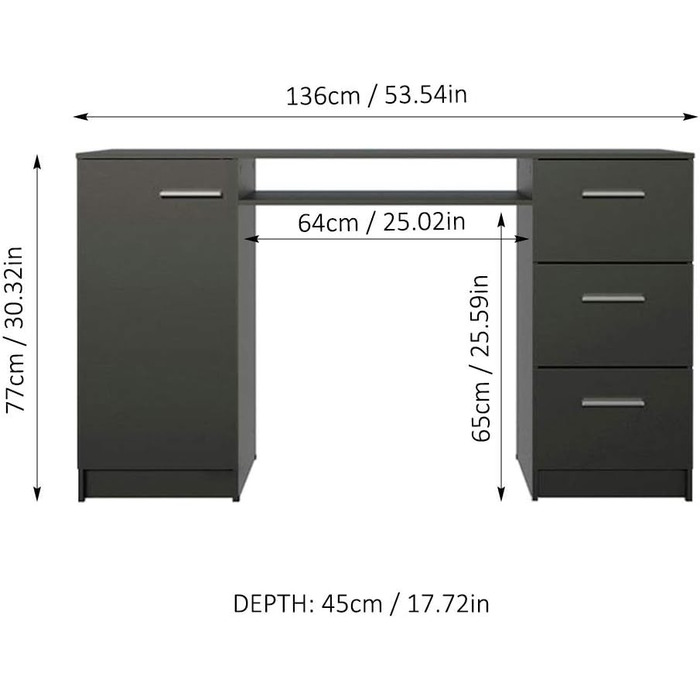 Письмовий стіл Madesa, комп'ютерний стіл з 3 висувними ящиками і 1 дверцятами, 136 x 45 x 77 см, з дерева - Black Black 77 H x 45 D x 136 L см