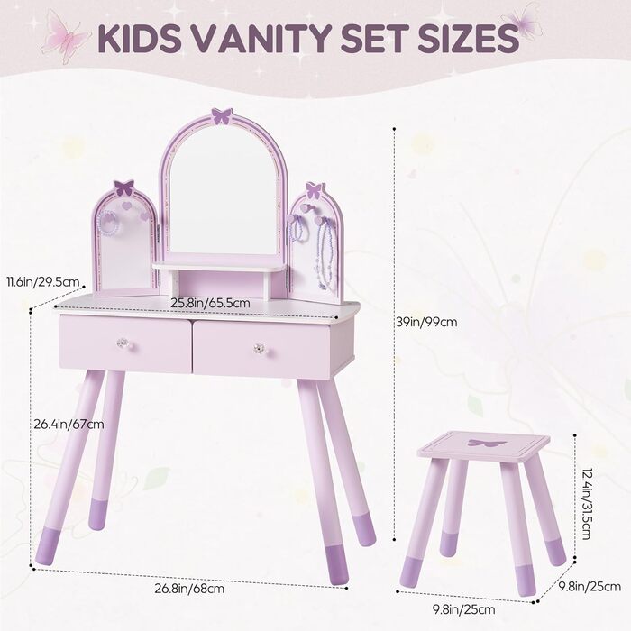 Дитячий туалетний столик ROBUD з дзеркалом, пуфом, шухлядами та аксесуарами (ігровий набір)
