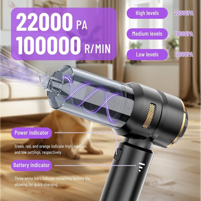 Акумуляторний ручний пилосос 4 в 1 для авто та дому, безщітковий мотор 22000Па, потужність 6000 мАг, портативний електричний обдуватель для прибирання шерсті та пилу, чорно-золотий