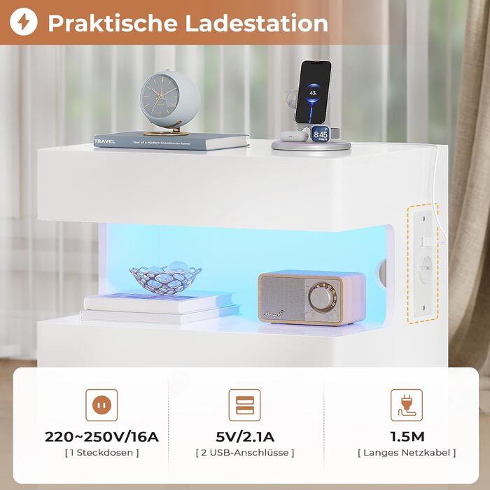 Нічний столик AOGLLATI з секретною поличкою, розеткою та LED-підсвіткою. 2 шухляди, висувний ящик, полиця. Білий, 40x35x59 см