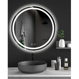 Дзеркало для ванної кімнати Dripex круглої форми з підсвічуванням LED, сенсорне керування, регулювання яскравості, 3 кольори світла, антизапарник, 50x50 см
