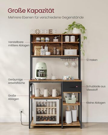 Стелаж кухонний VASAGLE з розетками, 40 x 100 x 180,4 см, з полицями, ящиком, 12 гачками, антрацит-чорний, KKS027B02