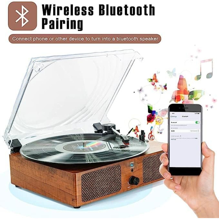 Bluetooth вініловий програвач із вбудованими динаміками, підтримка USB, RCA виходу, AUX, навушників, автостоп, 3-швидкісний ремінний привід, портативний фонограф для розваг і декору