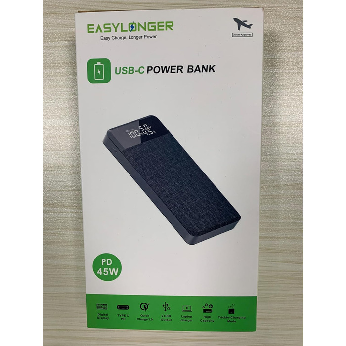 Для ноутбука 26800mAh 96.48Wh PD 45W Power Bank Power Bank зі швидкою зарядкою Акумуляторна батарея зі світлодіодним індикатором USB C Зовнішній акумулятор для MacBook, мобільного телефону, Lenovo, HP, Dell, Ipad Black