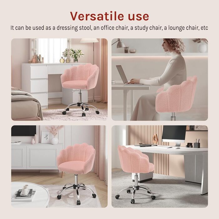 Крісло WOLTU для офісу та дому з м'якою спинкою у вигляді пелюстки, обертове, з регулюванням висоти, рожеве, з тканини кашемір