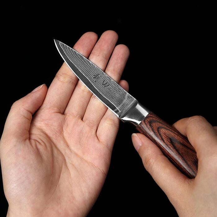 Ніж Wakoli EDIB офісний з дамаської сталі (серцевина VG10), 8,5 см - гострий та компактний. Підходить для кухні, фруктів та овочів. Дамаський ніж з ручкою з паккавуду в подарунковій коробці.