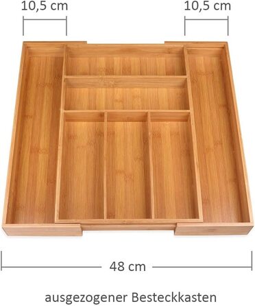 Лоток для столових приборів Schramm Bamboo 30-48x46x5 см, висувна шухляда 5-7 відділень, кухонний органайзер