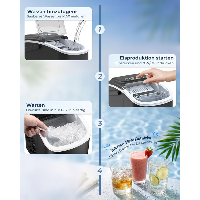 Льодогенератор Klarstein Ice Maker – Швидке виробництво льоду (12 кг/24 год), 2 розміри кубиків, самоочищення, для дому, кухні, офісу, бару – Чорний