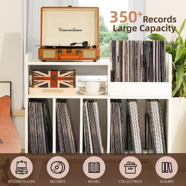 Стіл для програвача вінілу, стійка для програвача середини століття з місцем для зберігання до 350+ платівок, шафа для вінілових платівок з регульованими полицями (Білий)