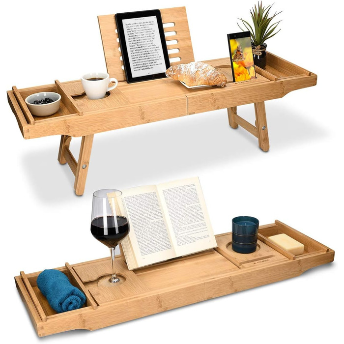 Підставка для ванни Navaris з бамбука, висувна з місцем для книг та склянок - піднос для ванни та ліжка, коричнева