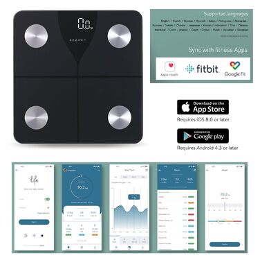Цифрові ваги жиру в організмі Exzact з додатком - iOS/Android, Bluetooth - ємність 180 кг - чорний
