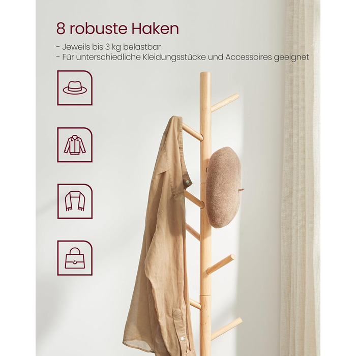 Стійка для одягу VASAGLE з масиву дерева, 8 гачків, 3 регульовані висоти, для одягу, шапок, сумок, вітальня, спальня, офіс, RCR04GY (натуральний колір)