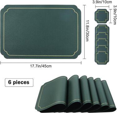 Набори підставки під тарілки Fanquare, 6 шт., зелені, прямокутні, з штучної шкіри, з золотим кантом. Стійкі до тепла, миючіся, неслизькі підставки для обіднього столу, весільної декоратації. Розмір: 45 * 30 см