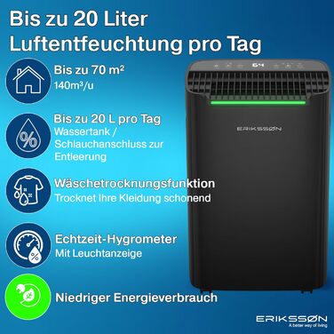 Електричний осушувач повітря з LED-дисплеєм, таймером та захистом від дітей | Здатний видалити 16л вологи на добу | Для приміщень до 70м² | Енергоефективний осушувач з датчиком вологості | Білий (20л - Чорний)
