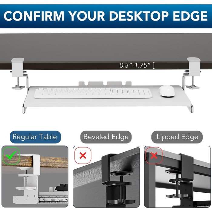 Висувна підставка для клавіатури під стіл з К-подібною фіксацією, великого формату, стійка, висувна платформа 838 мм x 280 мм, білий колір