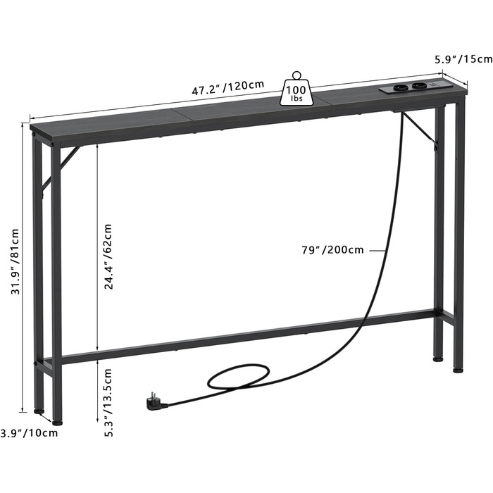 Консольний столик VEDECASA з розеткою та USB-портами - 2 шт. (120x15x80 см, чорний)