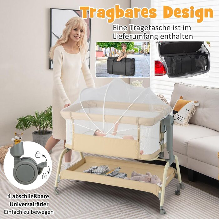 Дитяче ліжко COSTWAY 4-в-1 з москітною сіткою, бебі-ліжко, колиска, візок та туристичне ліжко з матрацом, 6 рівнів регулювання, сумка для перенесення, дитяче ліжко-гойдалка, розкладне, для малюків до 6 місяців (Бежевий)