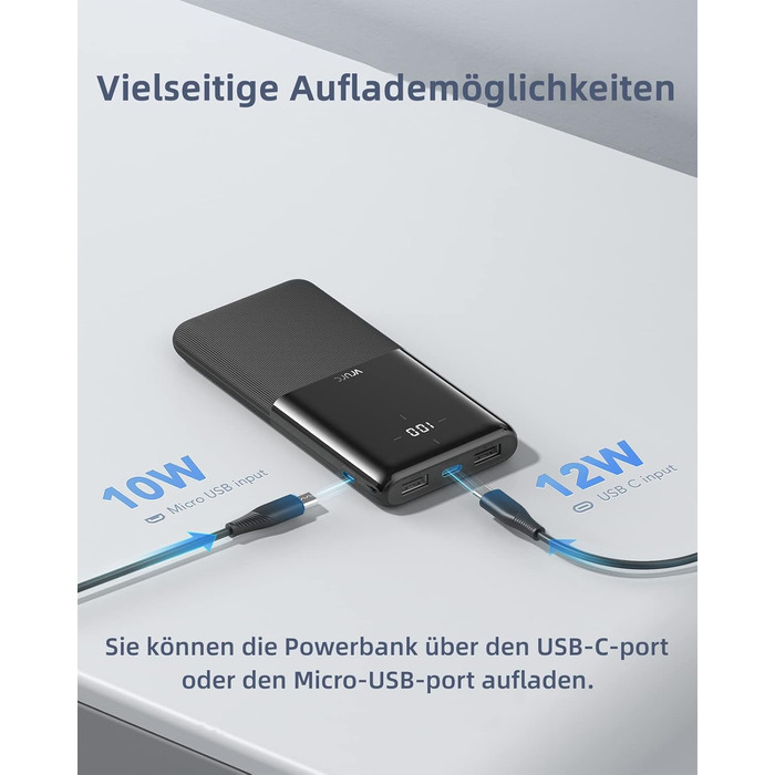 Комплект з 2 шт. , USB C, 2 порти USB, 2.4A, для смартфонів, iPhone, Samsung, чорний, 10000mAh