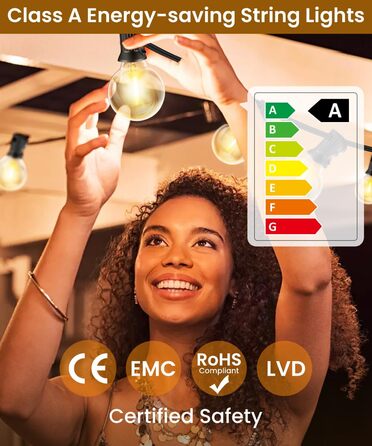 LED гірлянда для вулиці, 20 метрів, G40, 30+2 лампочки, пластик, IP44, вологостійка, для саду, вечірки, тепле світло, 20м, EU