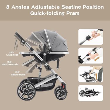 Дитяча коляска 3 в 1, система подорожей з автокріслом, візок з регульованими підлокітниками, комбінована коляска з дощовиком, москітна сітка, алюмінієвий каркас, прогулянкова коляска для 0-4 роки, чорний (SK21-Blau)