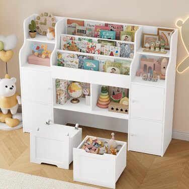 FOREHILL Дитяча полиця-стелаж для іграшок та книг, меблі для дитячої кімнати з ящиками, 122 x 30 x 100 см (білий)