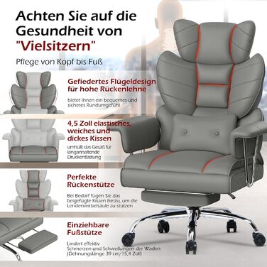 Офісний крісло NaspaLuro з підставкою для ніг, ергономічне, з підтримкою попереку, з високою спинкою, для дому та офісу, сірий, 77x66x134 см