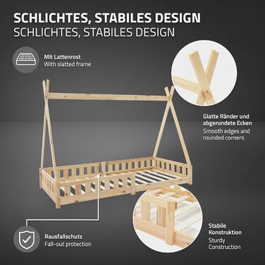 Дитяче ліжко-халапа Tipi ML-Design біле з бортиками та ламелями, з сосни, індіанське ліжко для дівчаток та хлопчиків, ліжко-будиночок з огорожею, ліжко-ігровий будиночок для дітей (90x200 см з матрацом (H: 16 см), натуральне дерево)