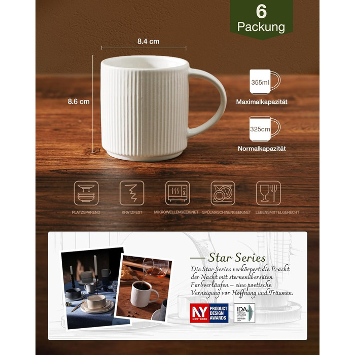 Набір тарілок Star 12 предметів для 4 осіб, керамічний посуд, стійкий до подряпин, для мікрохвильовки та посудомийної машини, бежево-білий матовий, чашки 355 мл (6 шт)