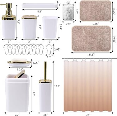Комплекти аксесуарів для ванної кімнати, 9 предметів: сміттєвий бак, лоток для косметики, дозатор мила, мильниця, стакан для зубної щітки, щітка для унітазу, тримач для ватних паличок (білий та золотий), комплект для ванної + штора для душу + килимок для 