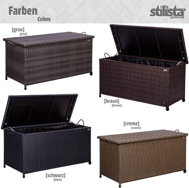 Ящик для подушок STILISTA® з ротангу (поліротанг) 122x62x56 см з кришкою, автоматичним підйомним механізмом, внутрішньою підкладкою, колесами та ручками, 4 кольори