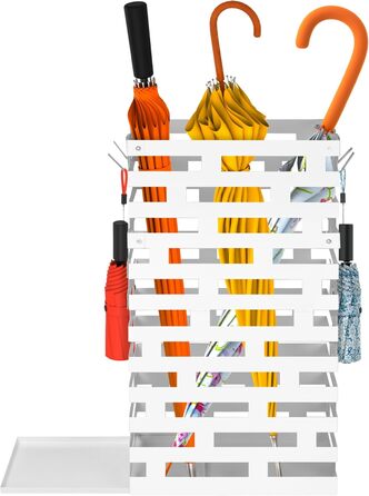 Металевий підставка для парасольки біла, велика з водовідвідною ванною та гачками, 58,4 см - для дому, офісу, готелю