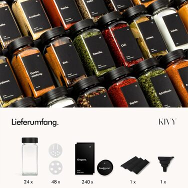 Органайзер для спецій KIVY з полицями та 24 скляними баночками | Регульований, підходить для всіх ящиків | Чорний колір