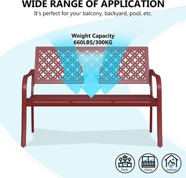 Металева лавка Grand Patio для саду, парку, балкону, на 2-3 особи. Лавка з підлокітниками та спинкою, ретро-стиль, сталь, чавун, колір Bossa Nova Rot