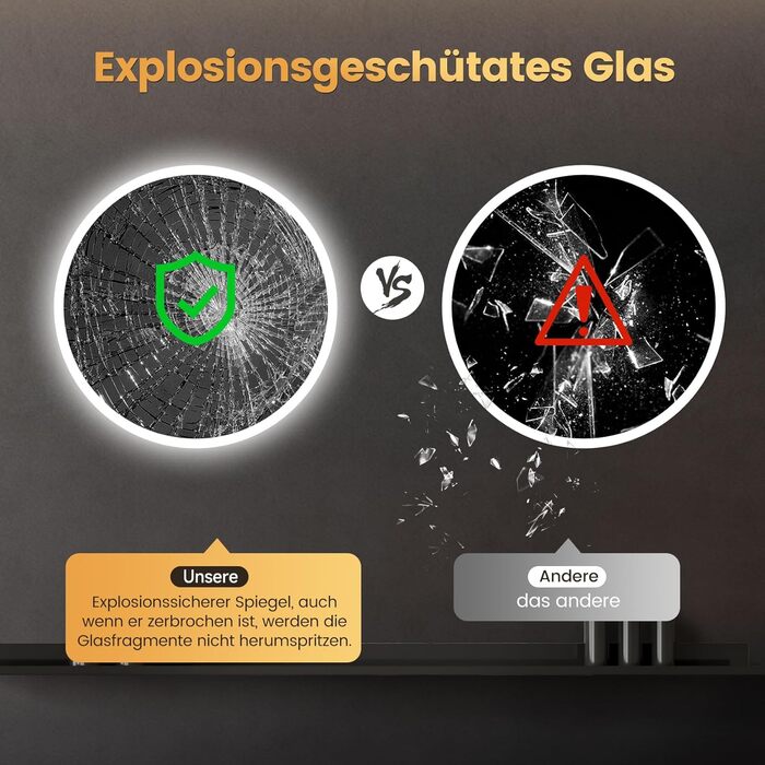 Дзеркало для ванної кімнати YOLEO з підсвічуванням, 70 см, LED, Bluetooth, сенсорне управління, захист від вибухів, 3 кольори світла, регулювання яскравості, антизапарник