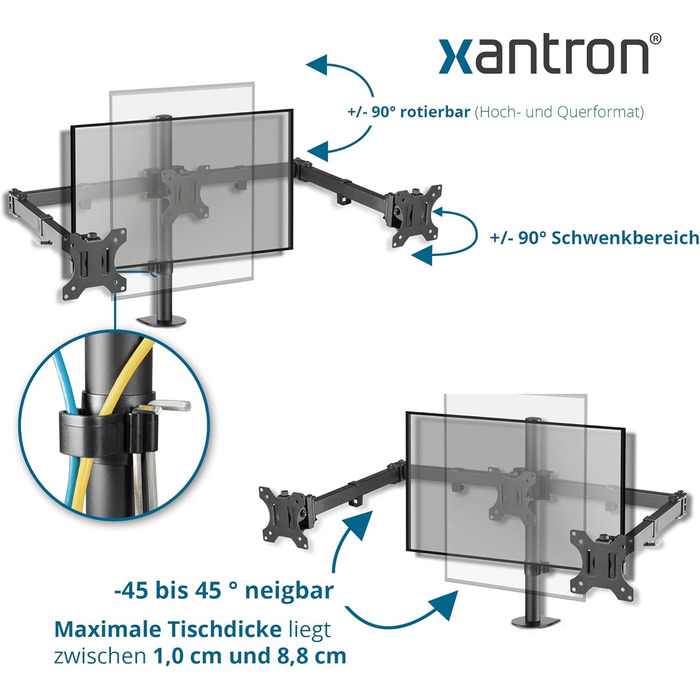 Кріплення для монітора Xantron® ECO-E62 (3 монітори) - 17-32 дюйми, VESA 75x75/100x100, для плоских та вигнутих моніторів, з монтажним комплектом
