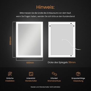 Дзеркало для ванної кімнати EMKE з підсвічуванням 120x60 см, антизапарник, кнопковий вимикач, тепле та холодне світло, IP44, енергозберігаюче