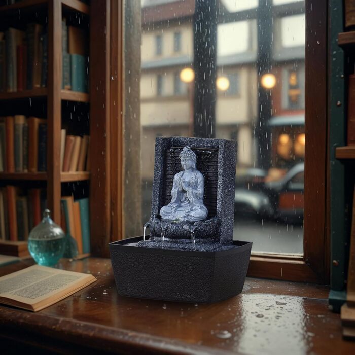 Фонтан для медитації Zen'Light Nirvana з Буддою та LED-підсвіткою. Сучасний декор для дому, Фен-Шуй, сірий, H 26 см