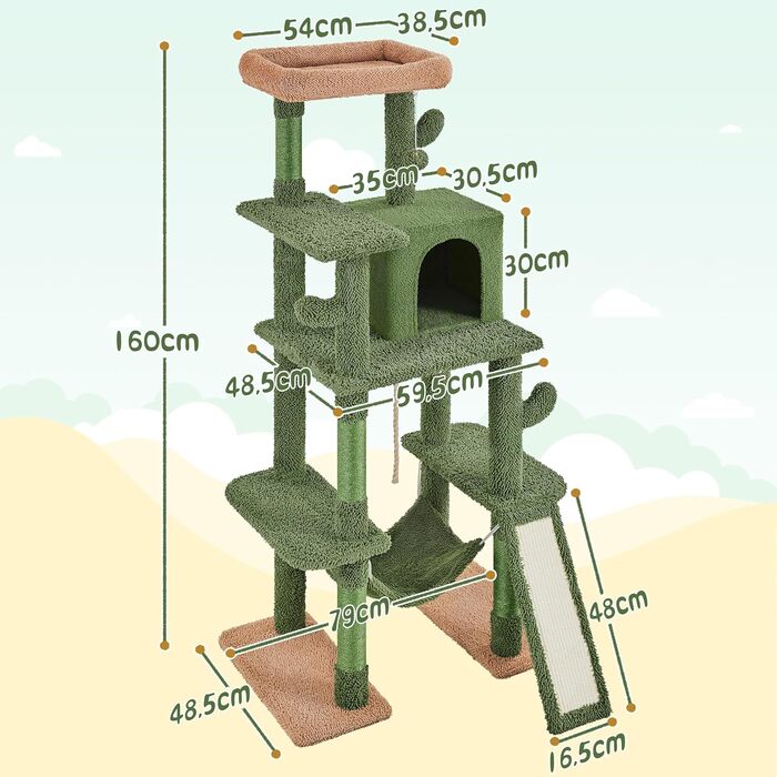 Висотою 160 см, стійка кігтеточка для котів Cat Tree з 4 стовбурами сизалю Оглядовий майданчик Cat Cave Кігтеточка Гамак, зелений/коричневий