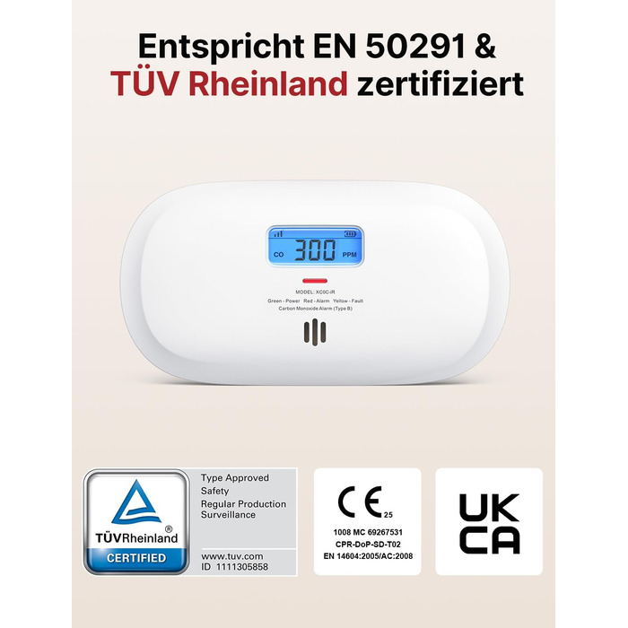 X-Sense Детектор чадного газу XC0C-iR з LCD-дисплеєм, сертифікат TÜV Rheinland, керування через додаток, змінна батарея, 1 шт. Білий