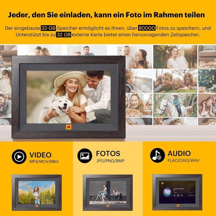 Цифровий фоторамка Kodak 10,1 дюйма WiFi, IPS Touchscreen, 32GB, Автоматичне поворотання, для кріплення на стіну, ділитися фото з будь-якого місця, коричневий (чорний каркас)