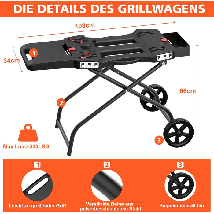 Тристопільний гриль-возок Denmay для Ninja Woodfire OG700 серії, складаний гриль-стійка для Ninja OG701, Pit Boss 10697/10724, 57см Blackstone, Traeger Ranger, з підставкою для столу та кошиком (Dm01)