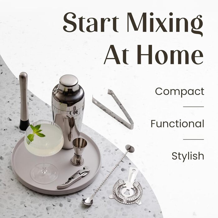 Набір для приготування коктейлів Mixology & Craft Cocktail Set (10 предметів) - Шейкер, барний аксесуар, дерев'яний підставка з бамбука, подарунковий набір, сріблястий