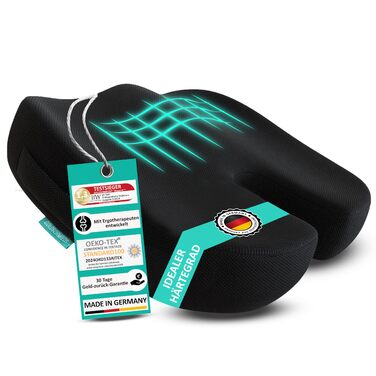 Ортопедична подушка для сидіння [Переможець тесту] Ергономічна оаза для офісного крісла, авто та ін. - Знімає навантаження зі сідничної кістки, знеболює та покращує кровообіг [Виготовлено в Німеччині] 50-95 кг Чорний пінополіуретан (Memory Foam)