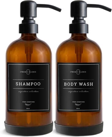 Набір дозаторів для мила 2 шт. для кухні та ванної кімнати, нержавіюча сталь, скло Amber, 475 мл, з водонепроникними етикетками (матова чорна)