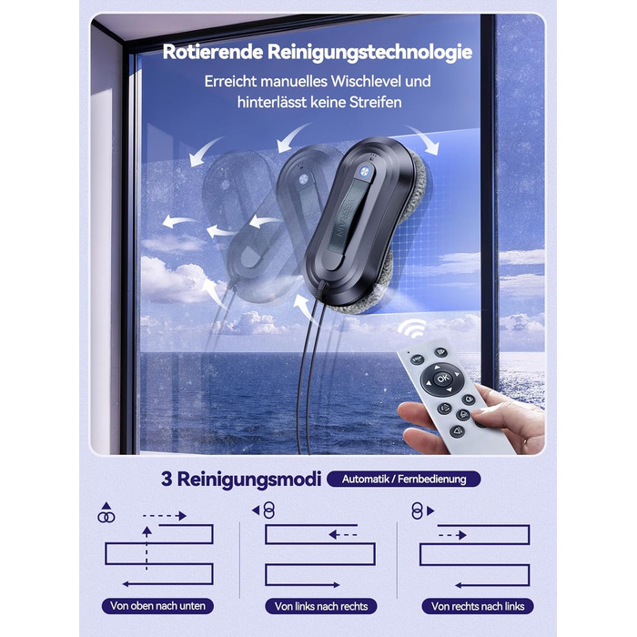 Робот для миття вікон Yeerain з функцією розпилення, потужність всмоктування 7000Pa, тиха робота, 3 режими очищення, інтелектуальна навігація, розпізнавання країв, в комплекті 10 мікрофібрових серветок сірого кольору 'Зоряне небо'