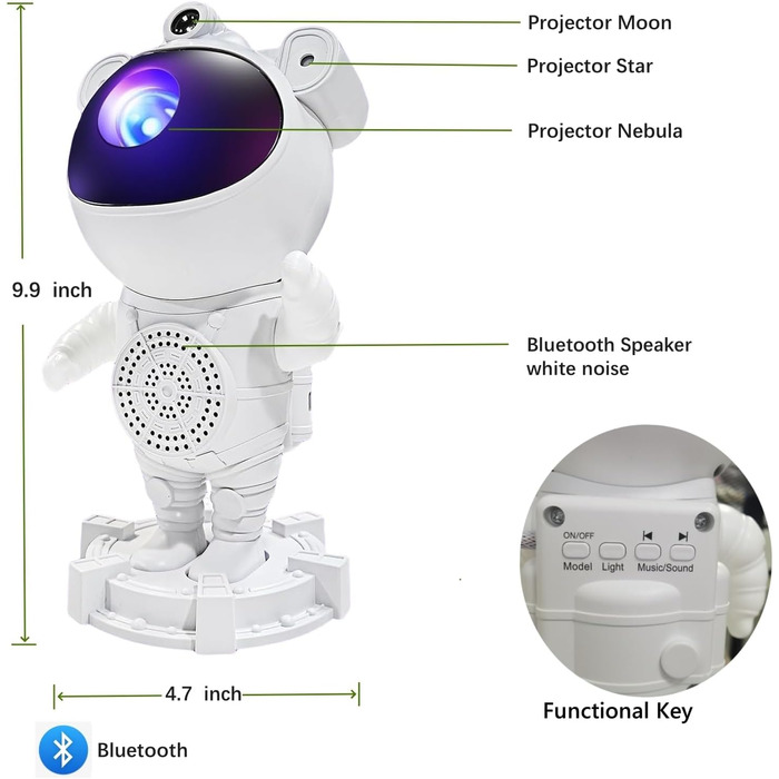 Нічник-проектор «Астронавт» зі звездним небом та галактикою, Bluetooth-динамік, білий шум, дистанційне керування та таймер, змінює кольори, 360° обертання, подарунок для дітей та дорослих